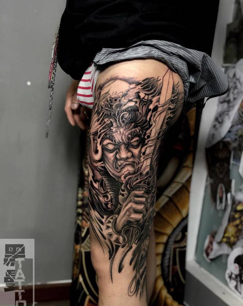 不动明王纹身图片_腿部纹身图案