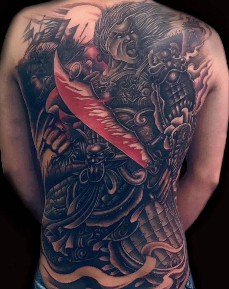 杀神白起纹身图片_背部新传统白起纹身图案