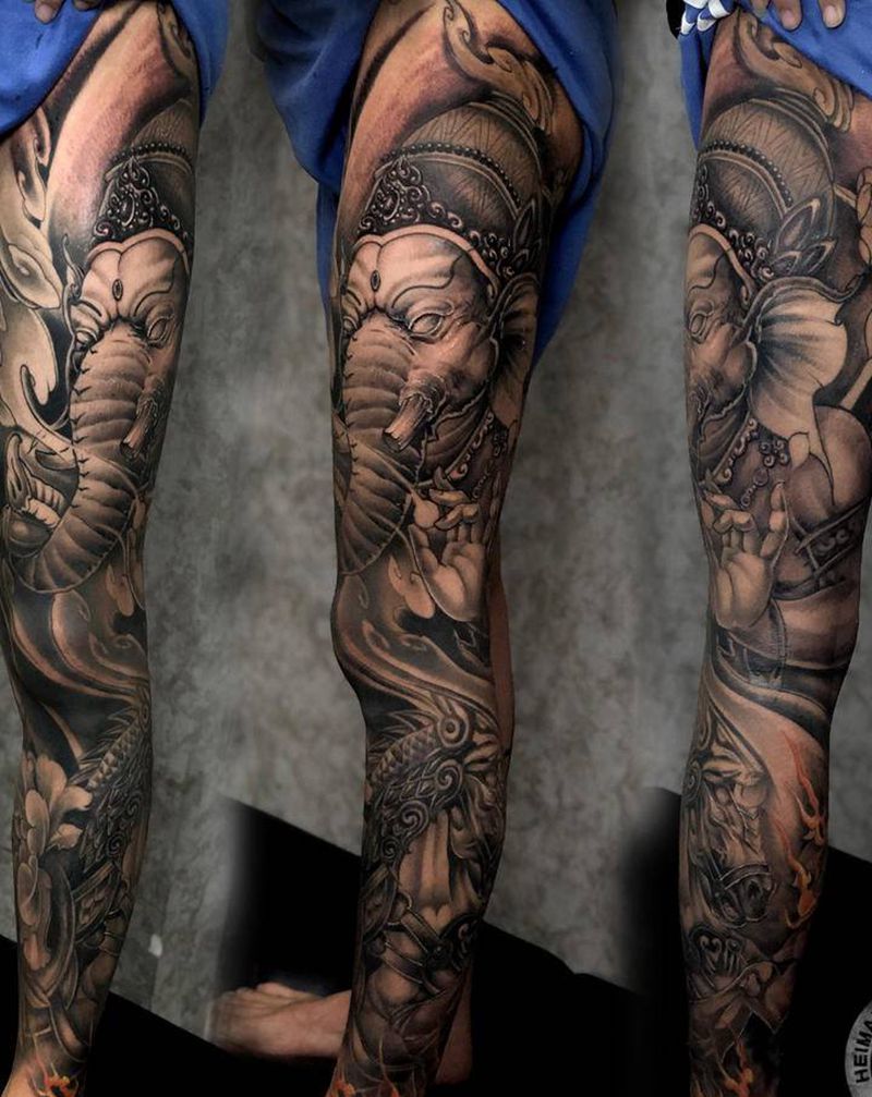 花腿结束纹身图片_腿部纹身图案