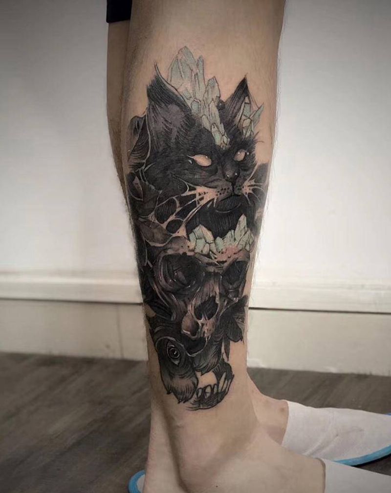 暗黑系未完纹身图片_腿部纹身图案