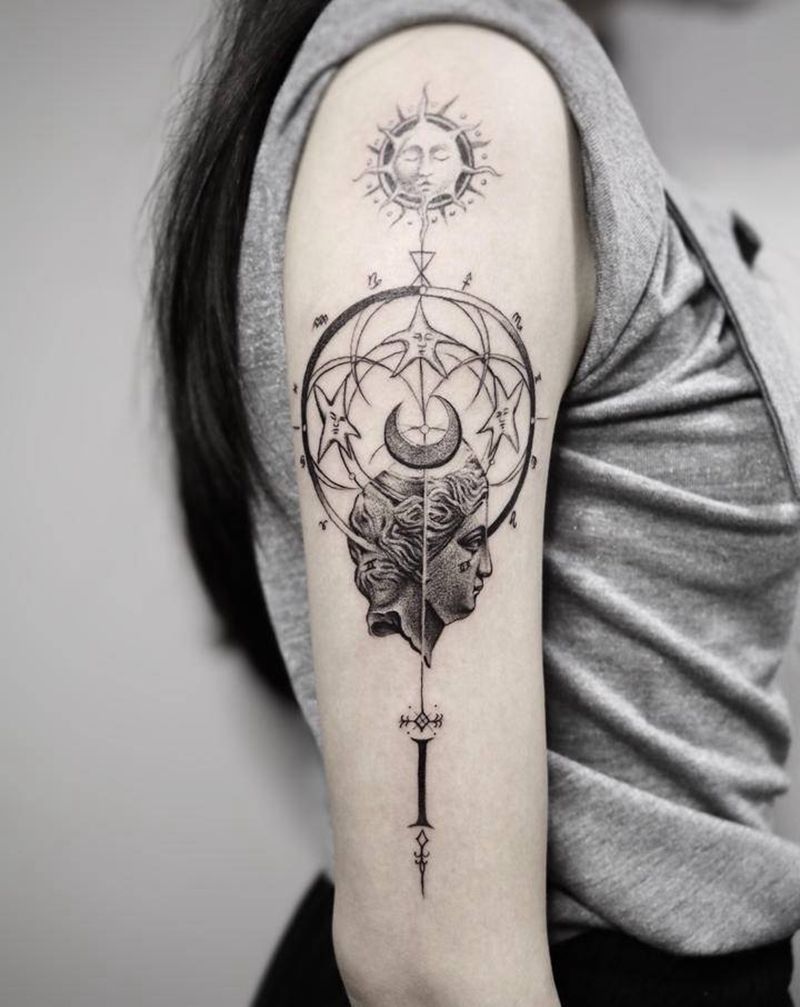 点刺纹身图片_手臂手部点刺欧美写实石膏头像几何线条月亮纹身图案