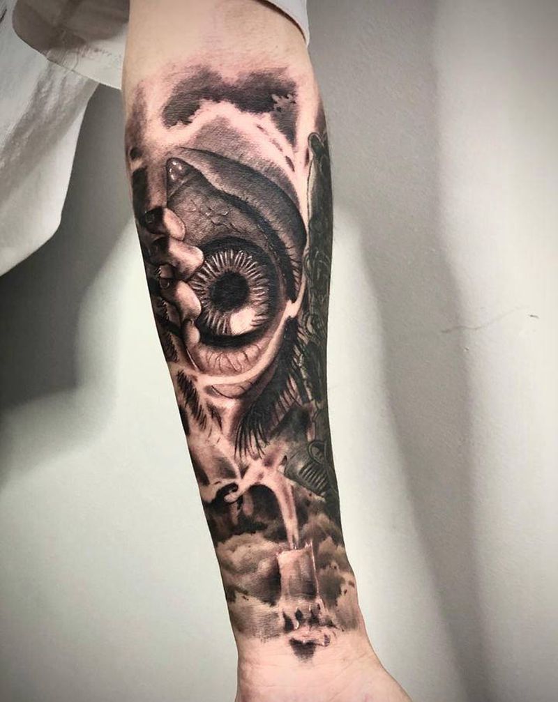 拼接纹身图片_手部手臂欧美写实眼睛蜡烛烟雾纹身图案