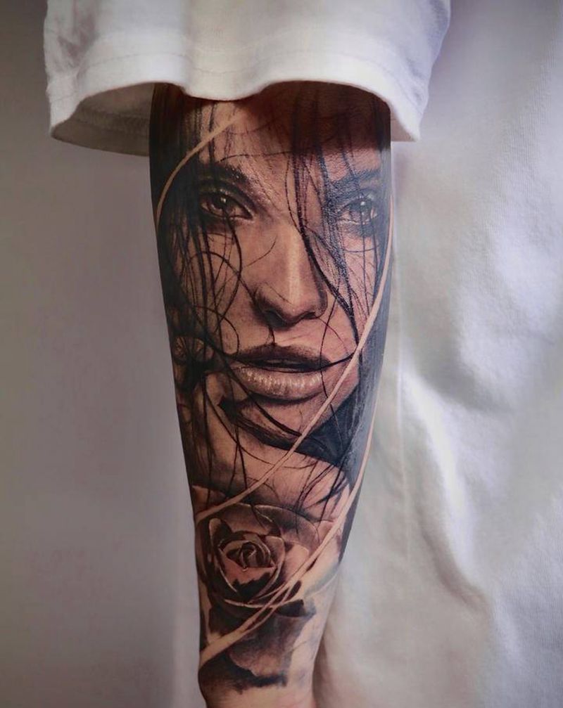 拼接小臂纹身图片_手臂手部欧美写实人物肖像玫瑰花纹身图案