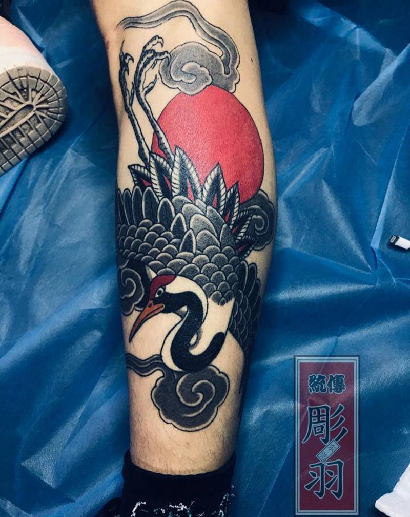 鹤纹身图片_腿部脚部纹身图案