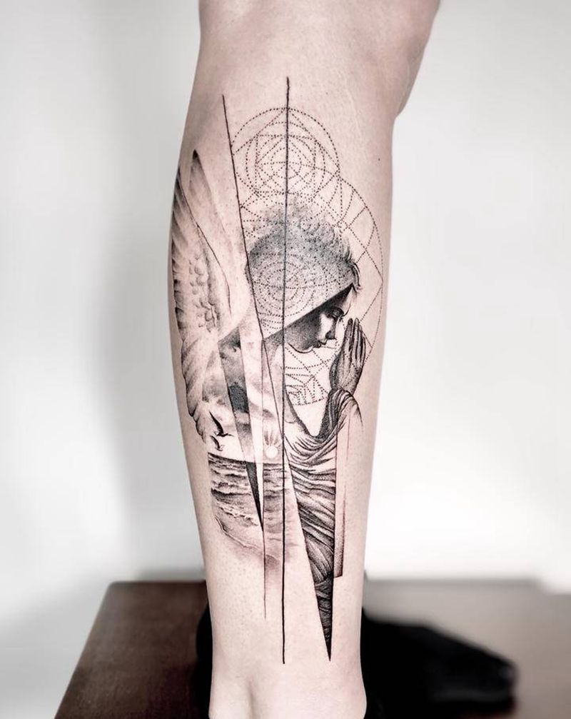 天使纹身图片_腿部脚部点刺几何天使大海人物纹身图案