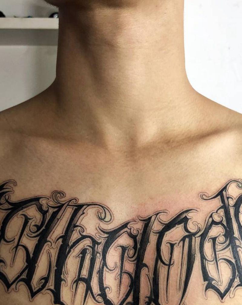 花体英文纹身图片_胸部花体字纹身图案