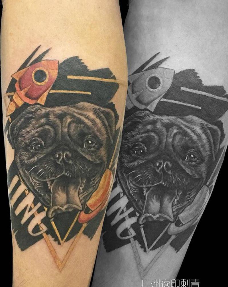 八哥犬纹身图片_腿部欧美写实动物纹身图案