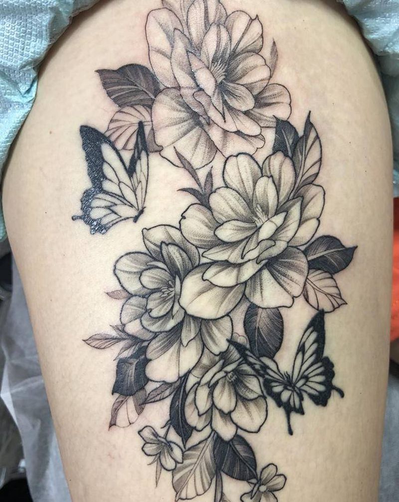 素花纹身图片_腿部纹身图案