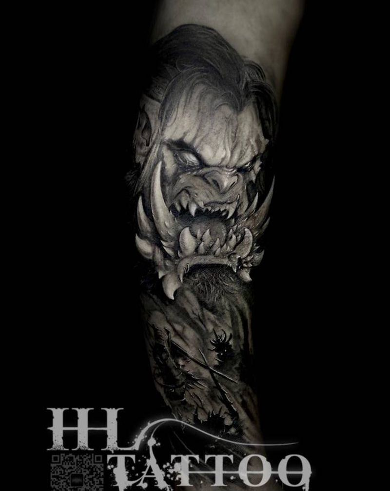 魔兽纹身图片_脚部腿部欧美写实魔兽纹身图案