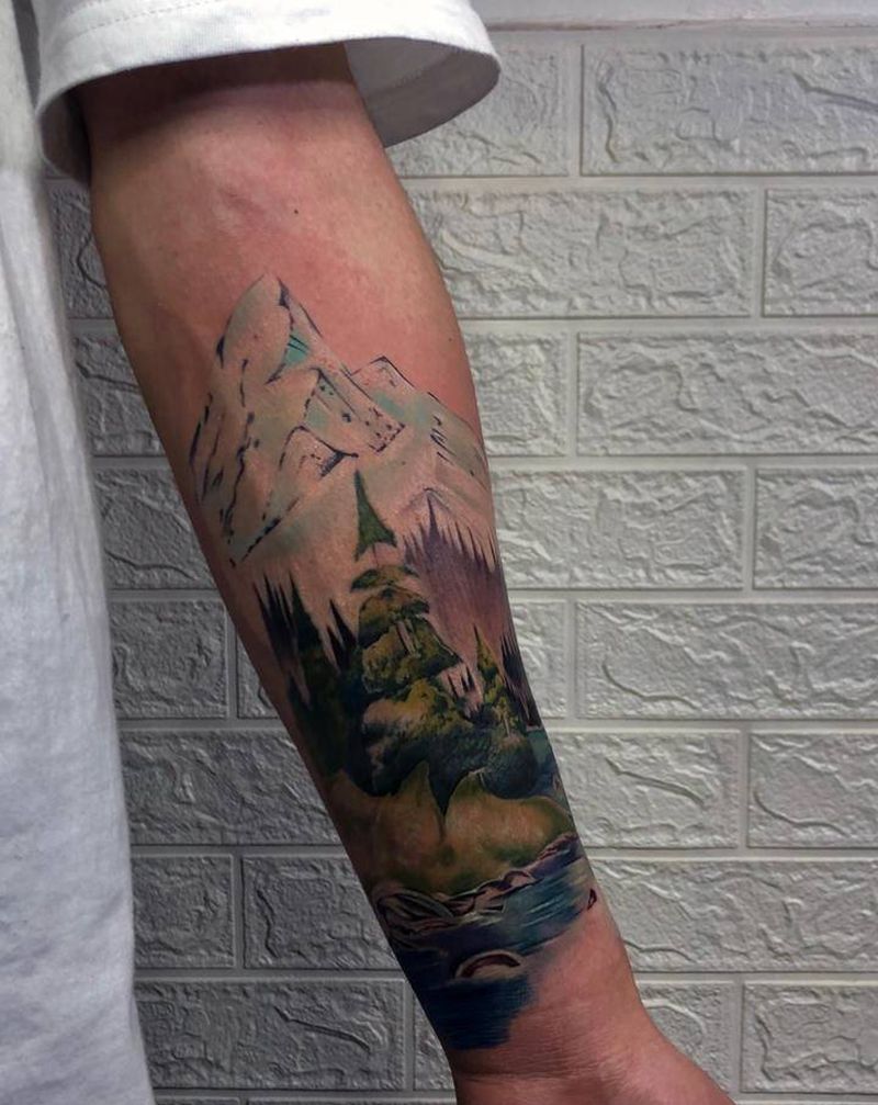 山  树 水纹身图片_手臂纹身图案