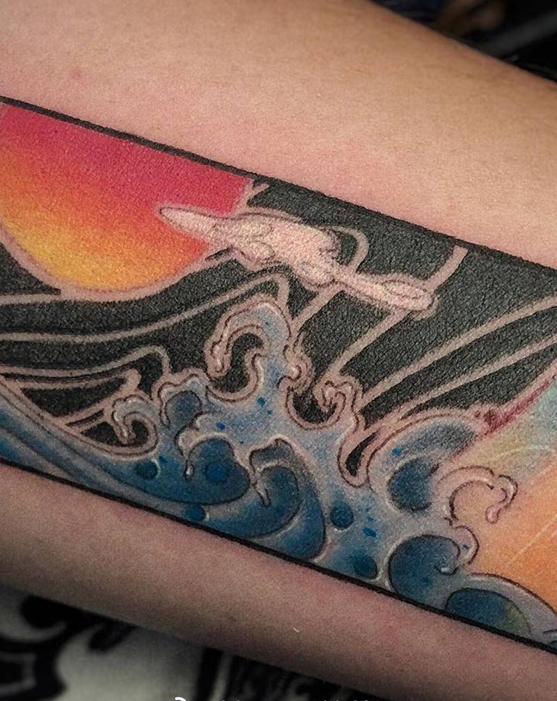 醉翁之意不在酒，在乎山水之间也纹身图片_手臂老传统新传统山水纹身图案