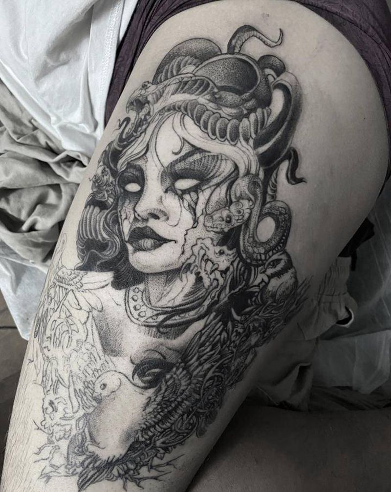 暗黑处女座纹身图片_腿部纹身图案