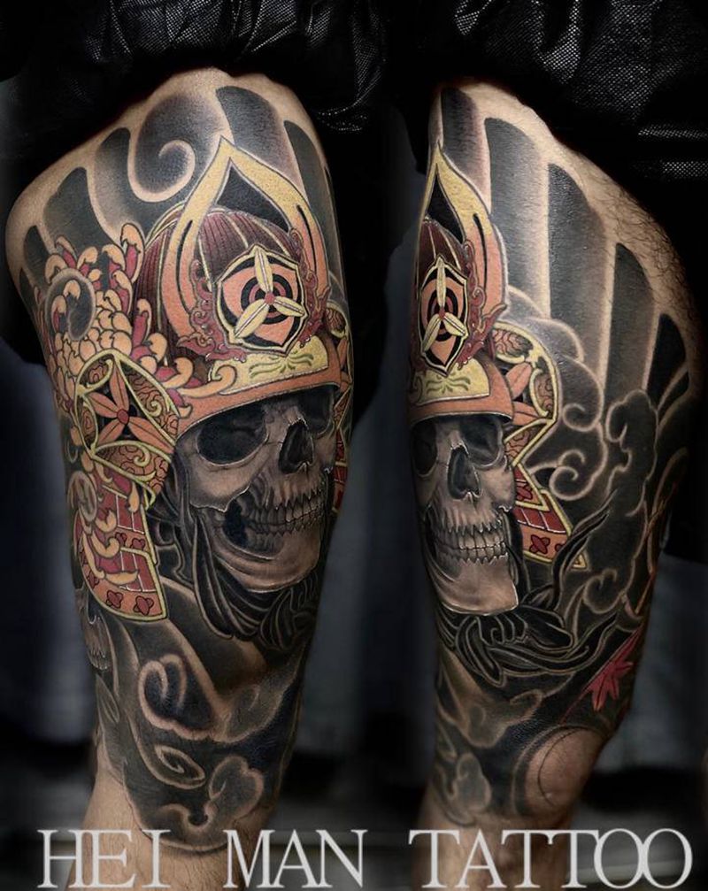 老传统鬼武士纹身图片_腿部老传统纹身图案