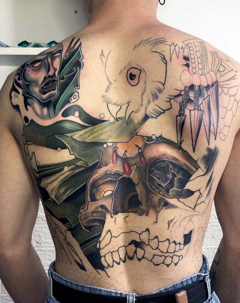 骷髅头纹身图片_背部New School纹身图案