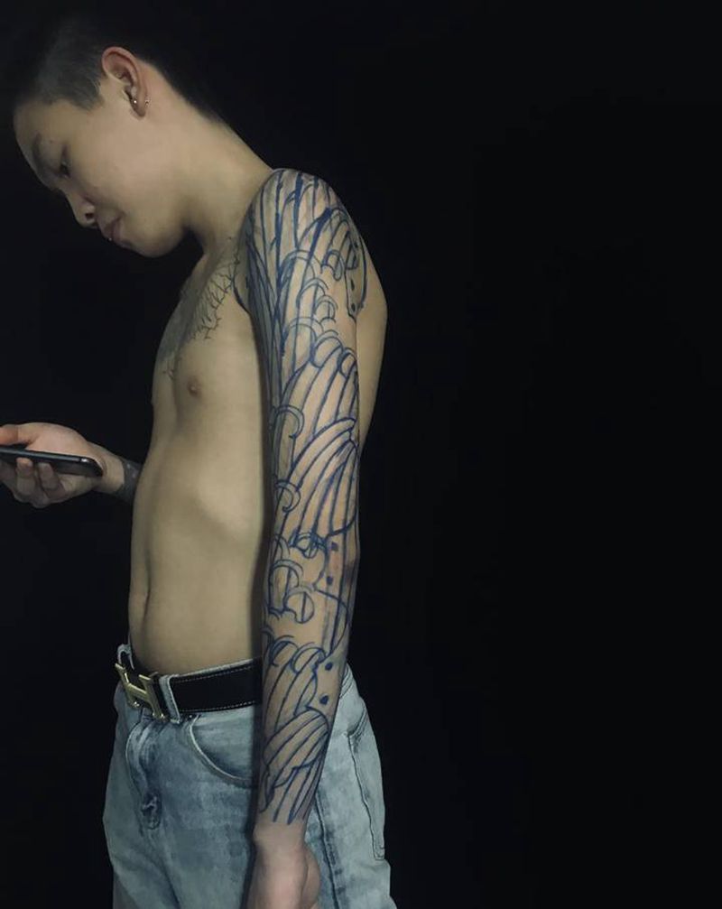 高山流水纹身图片_手臂手部老传统老传统花臂纹身图案