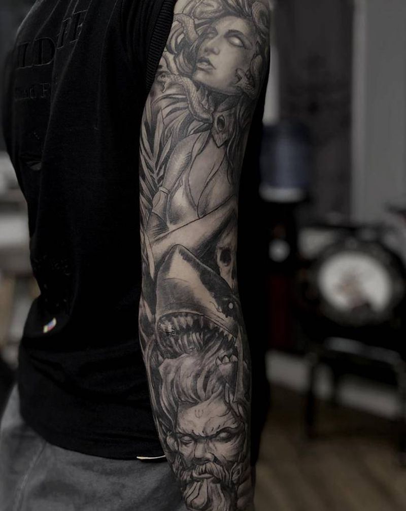 波塞冬 和美杜莎纹身图片_手臂欧美写实新传统波塞冬纹身图案