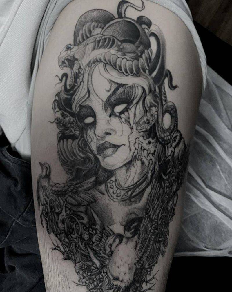 处女座纹身图片_腿部新传统纹身图案