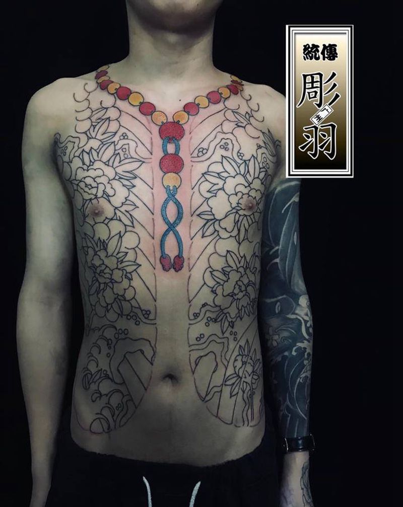 开衫基础线纹身图片_胸部腹部老传统开衫老传统开衫纹身图案