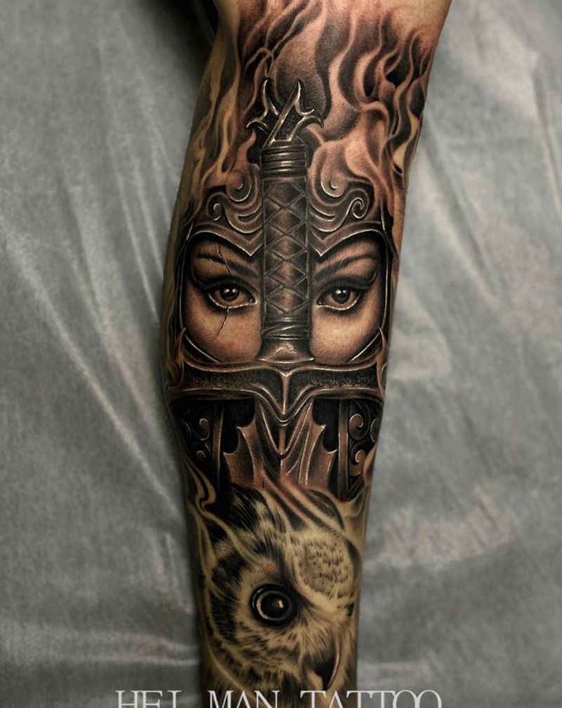 雅典娜·猫头鹰纹身图片_腿部纹身图案