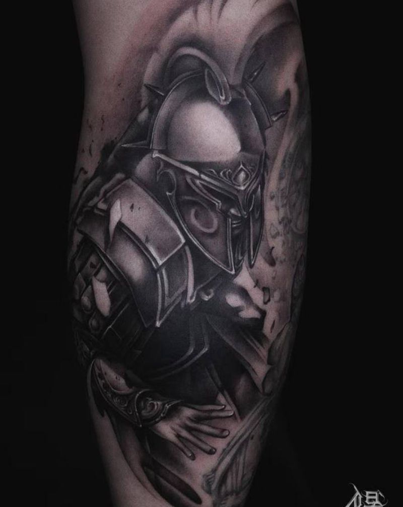 角斗士纹身图片_腿部欧美写实角斗士战士盔甲纹身图案