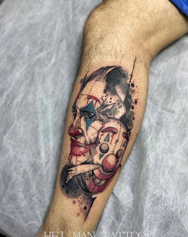 水墨小丑纹身图片_腿部纹身图案