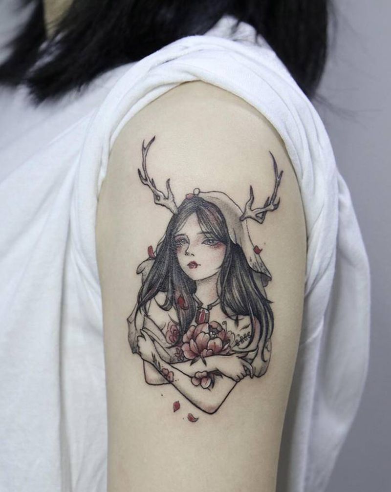 自带图纹身图片_手臂水彩卡通女孩纹身图案