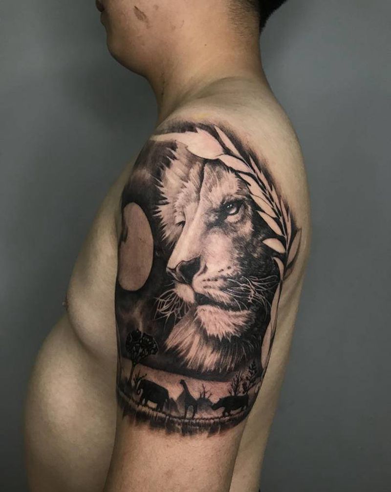 |辛巴|纹身图片_手臂肩部欧美写实狮子欧美写实纹身图案