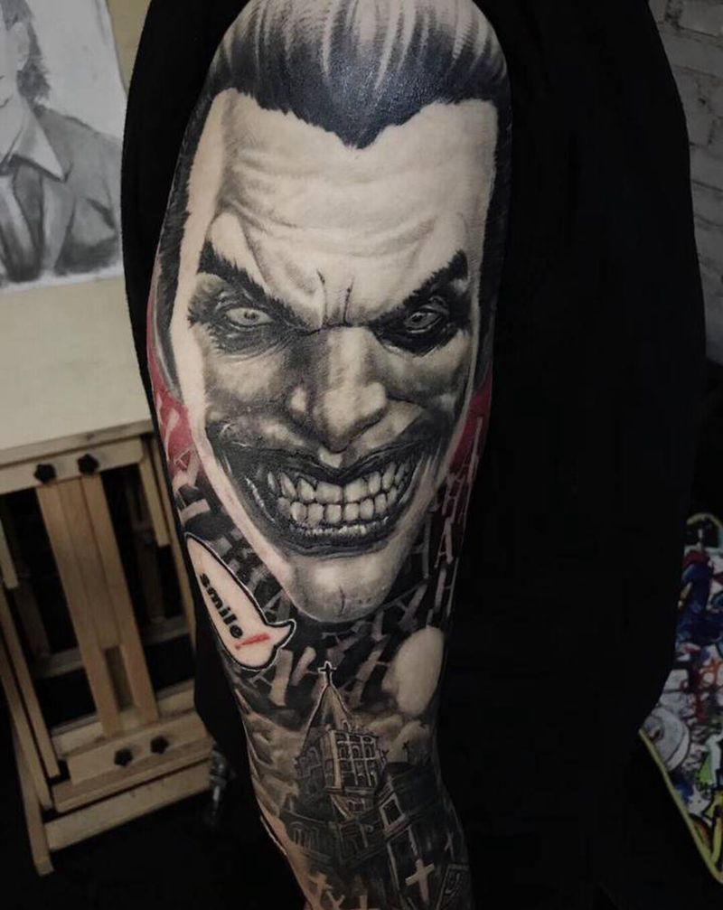 |JOKER DC|纹身图片_肩部手臂欧美写实小丑DC纹身图案
