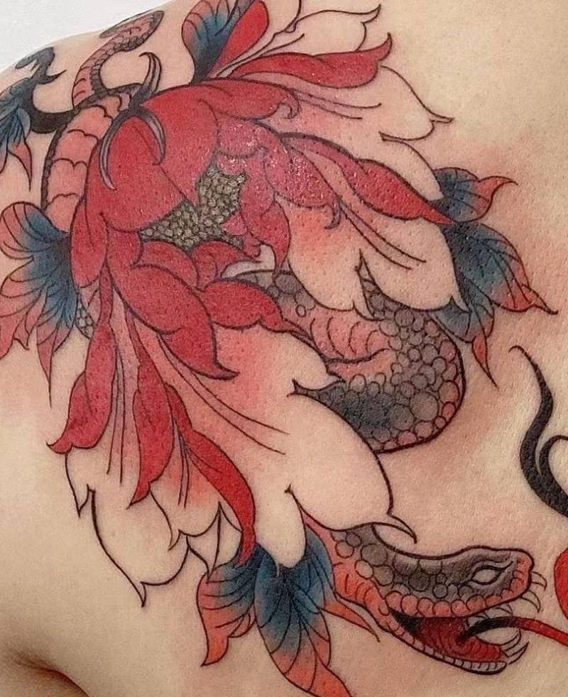 花与蛇纹身图片_肩部新传统花蛇纹身图案