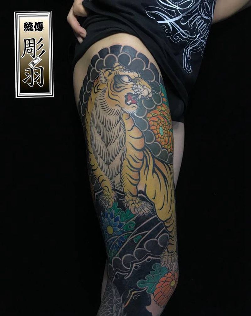大老虎纹身图片_脚部腿部老传统老虎老传统纹身图案