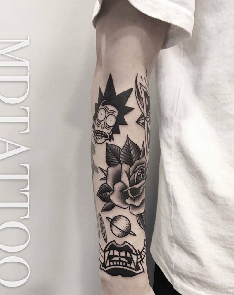 黑灰花臂拼接纹身图片_手臂手部Old School暗黑纹身图案