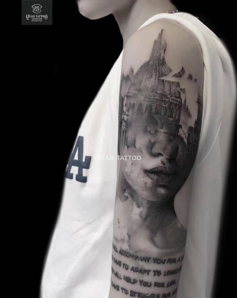 dream     city纹身图片_手臂水墨创意纹身图案