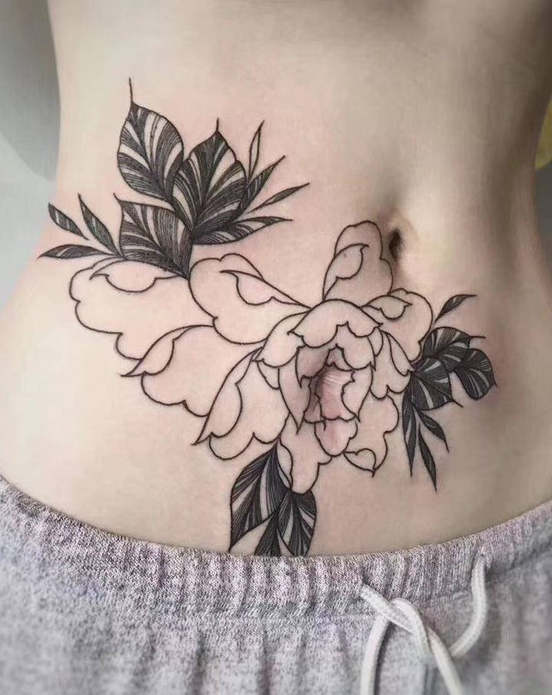花卉覆盖纹身图片_腹部水彩花卉覆盖纹身图案