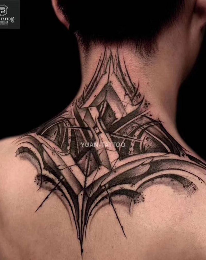 暗黑风-颈部纹身图片_颈部图腾点刺几何纹身图案