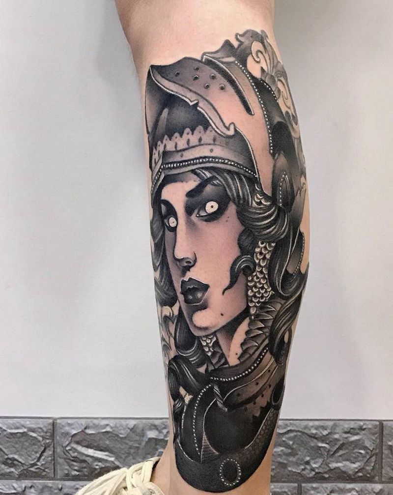 铠甲女勇士纹身图片_腿部脚部欧美写实New School人物纹身图案