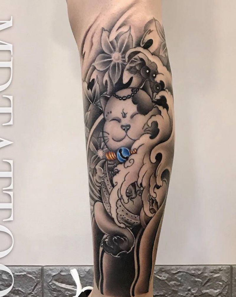 猫纹身图片_脚部腿部老传统新传统纹身图案