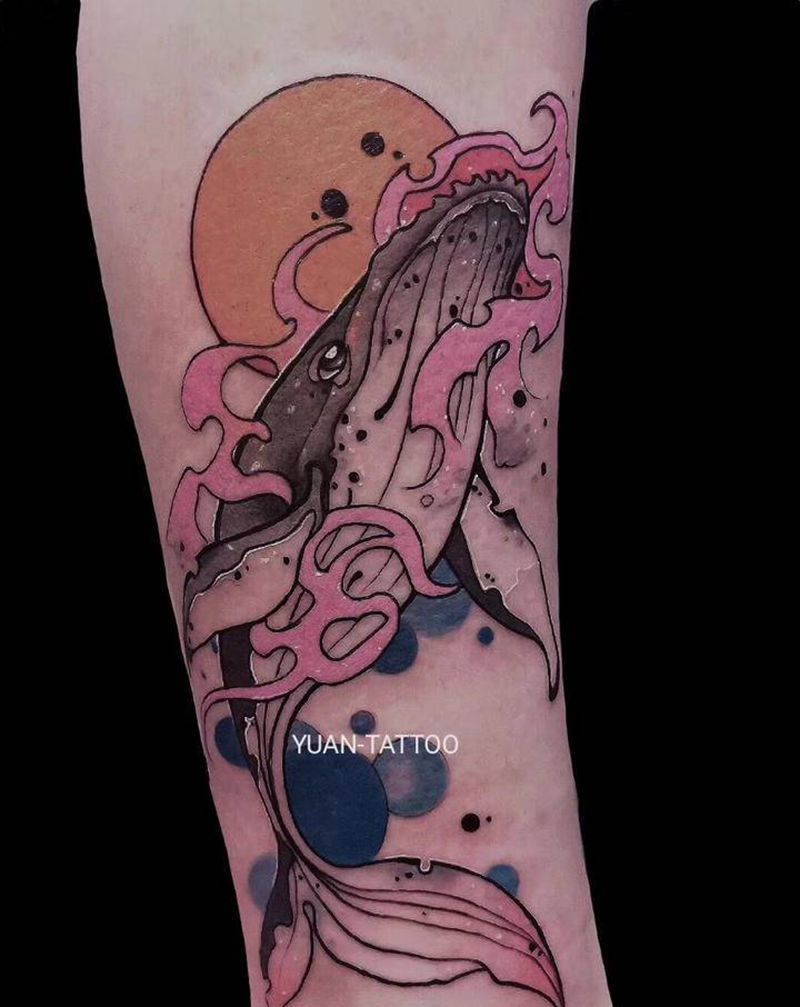 色系鲸鱼纹身图片_手臂手部水彩覆盖动物纹身图案