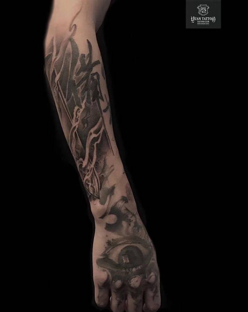 青铜剑纹身图片_手臂手部水墨中国风花臂字体纹身图案