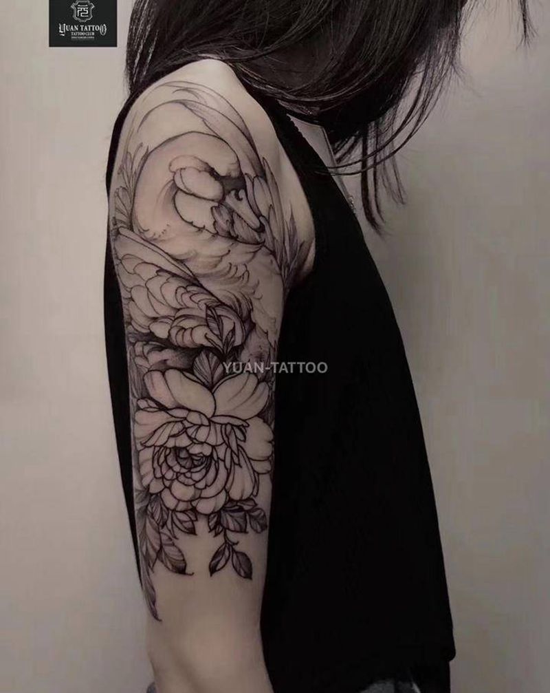 天鹅/花臂纹身图片_手臂手部点刺线条动物植物纹身图案