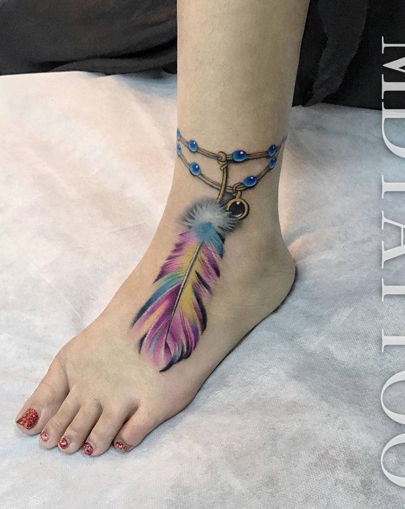 羽毛脚链纹身图片_脚部腿部水墨几何脚链羽毛纹身图案