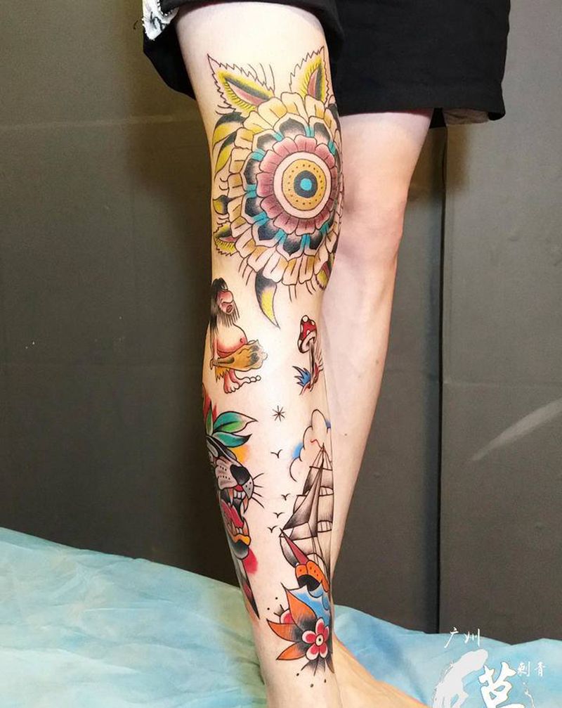 小腿old school纹身图片_脚部腿部Old School纹身图案