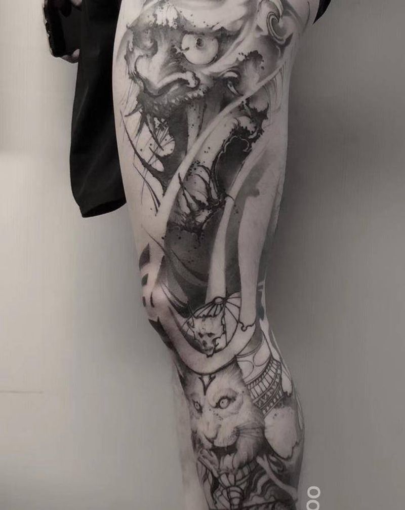 花腿纹身图片_腿部脚部新传统般若神话纹身图案