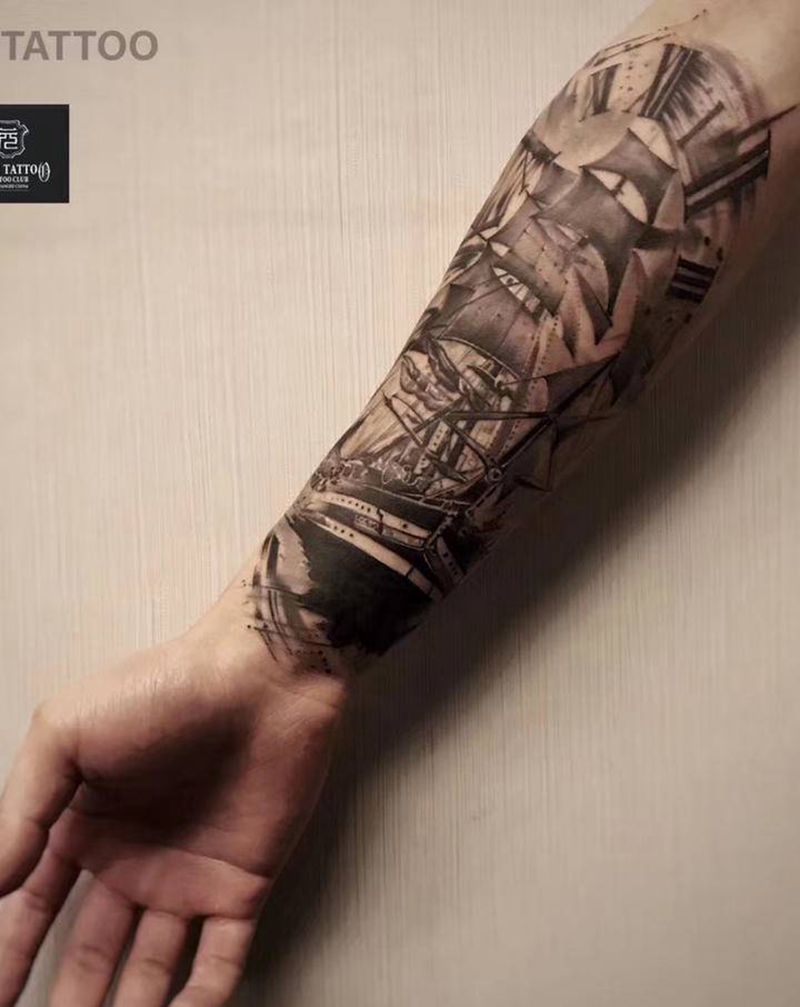 帆船纹身图片_手臂手部纹身图案