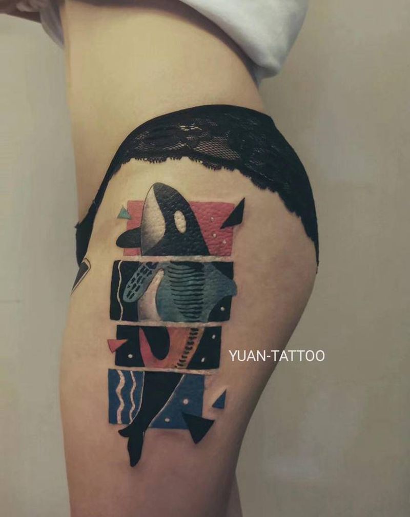 鲸鱼/覆盖纹身图片_腿部水彩几何动物纹身图案