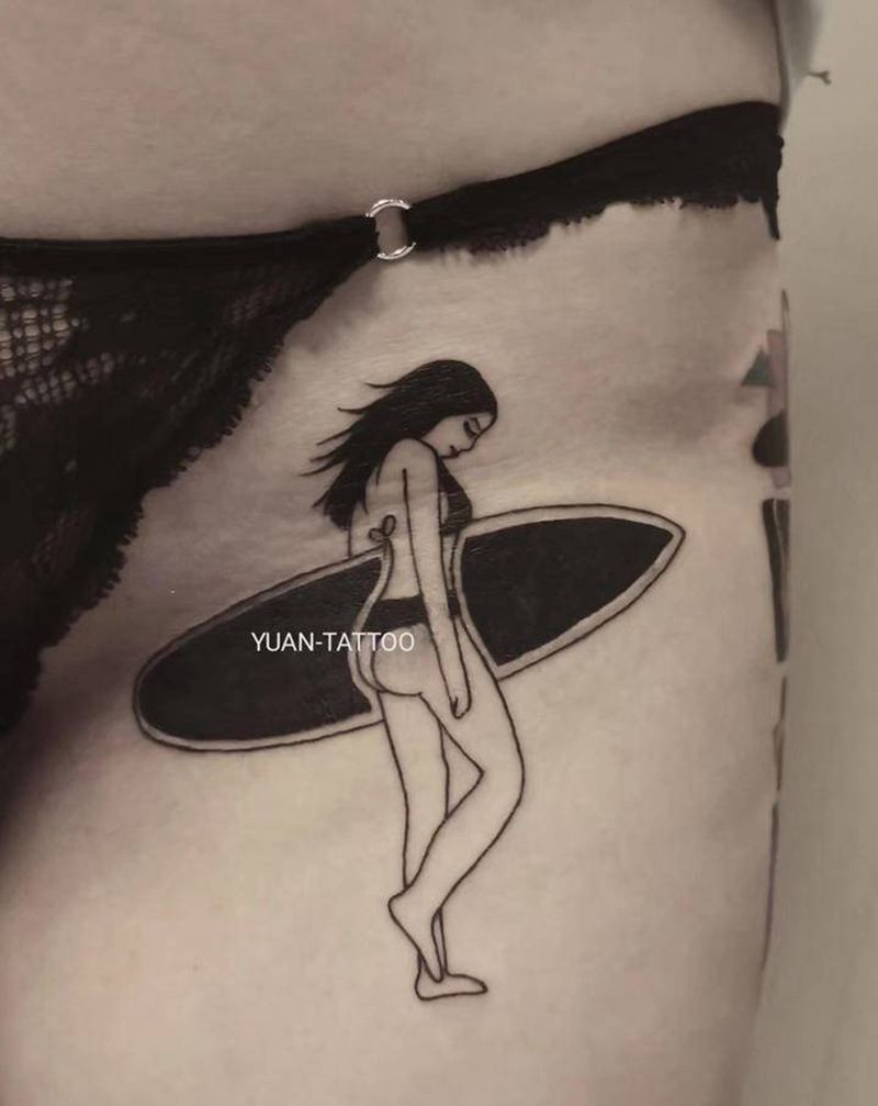 冲浪女孩纹身图片_腿部人物简笔画运动纹身图案