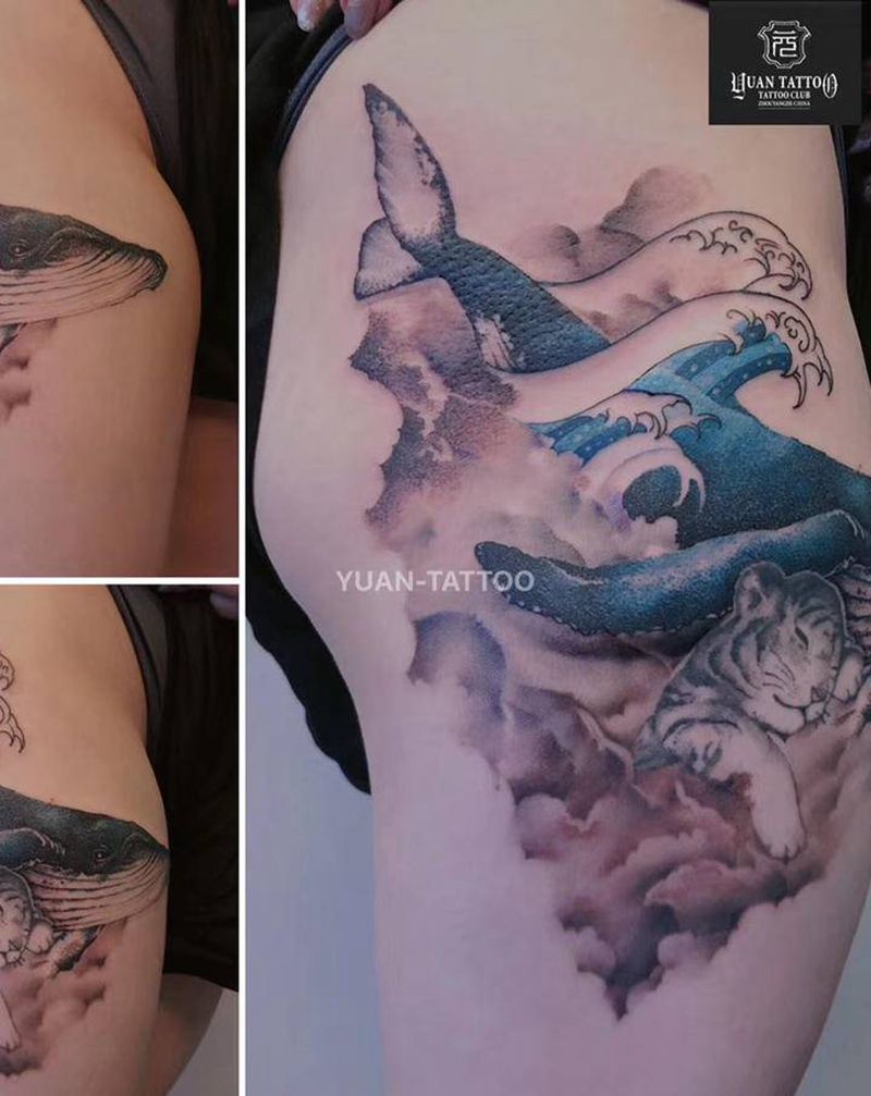 小老虎与鲸鱼纹身图片_腿部水彩水墨动物纹身图案