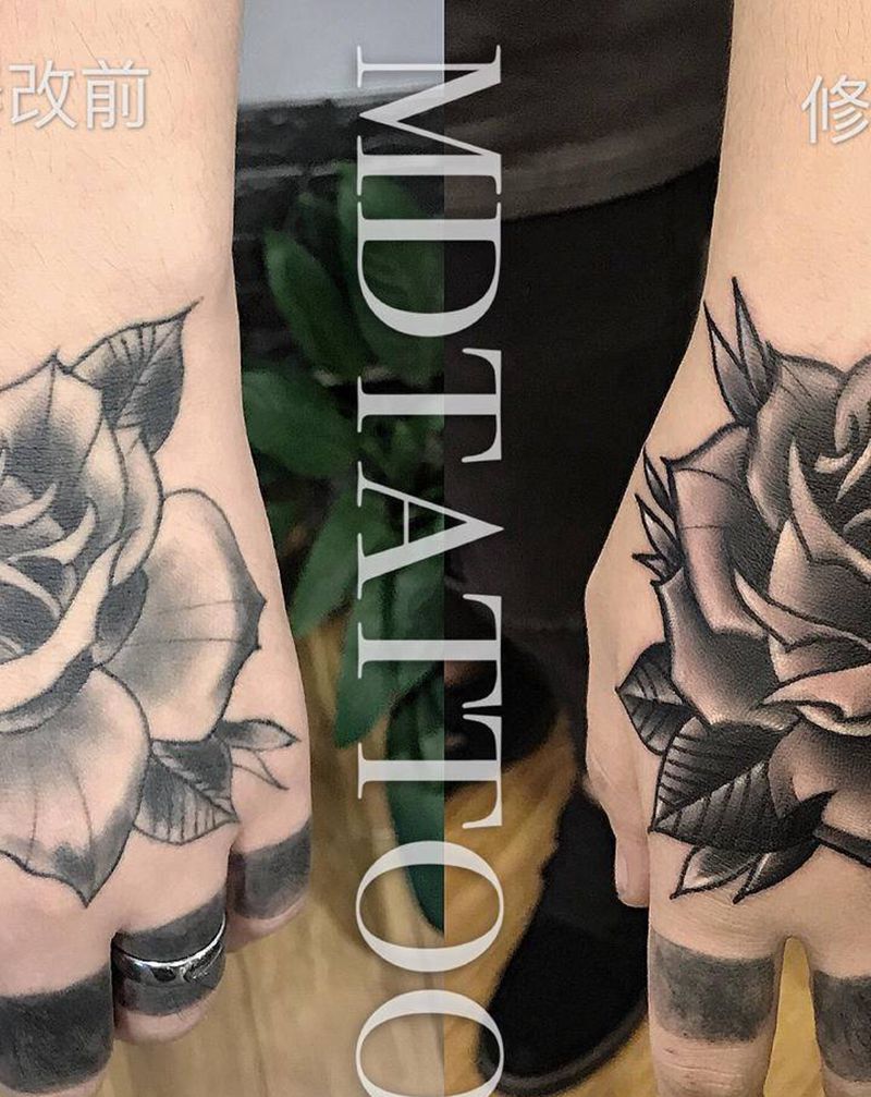 手背玫瑰修改纹身图片_手部手臂New School玫瑰花纹身图案