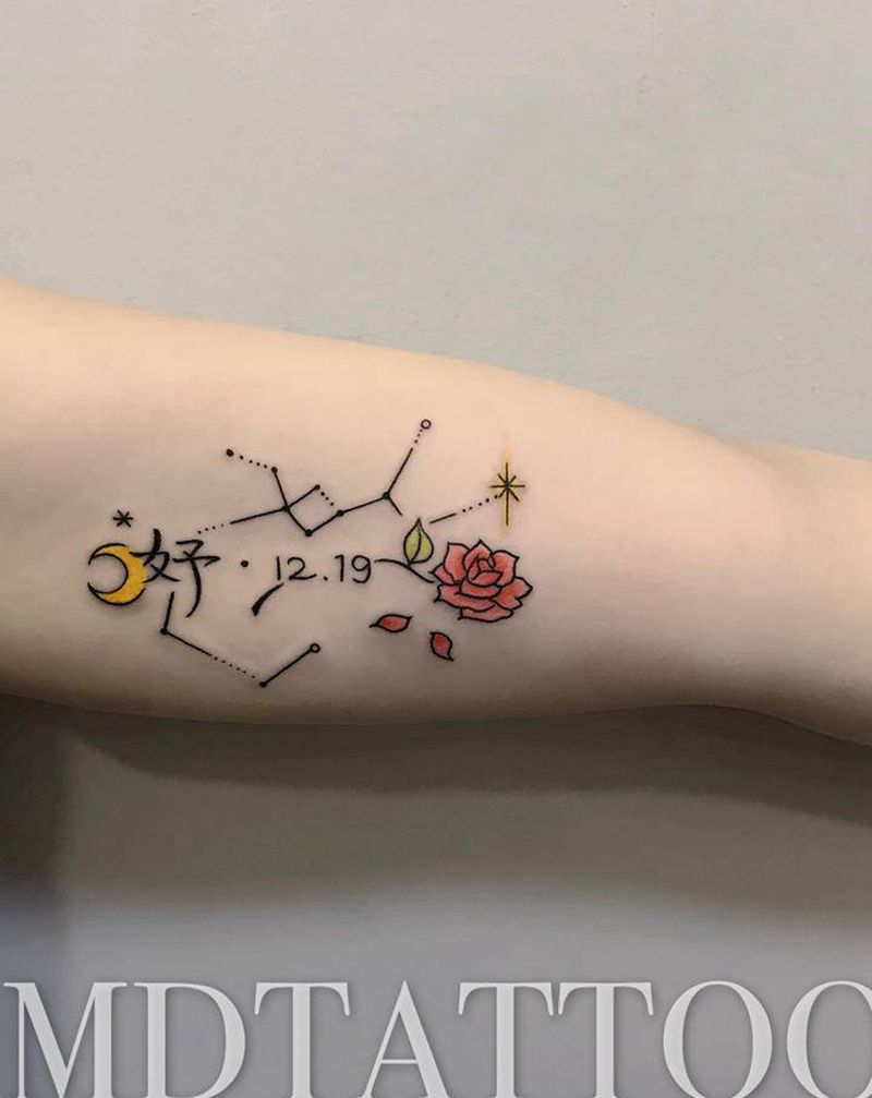 星座纹身图片_手部手臂几何水彩星座射手座纹身图案