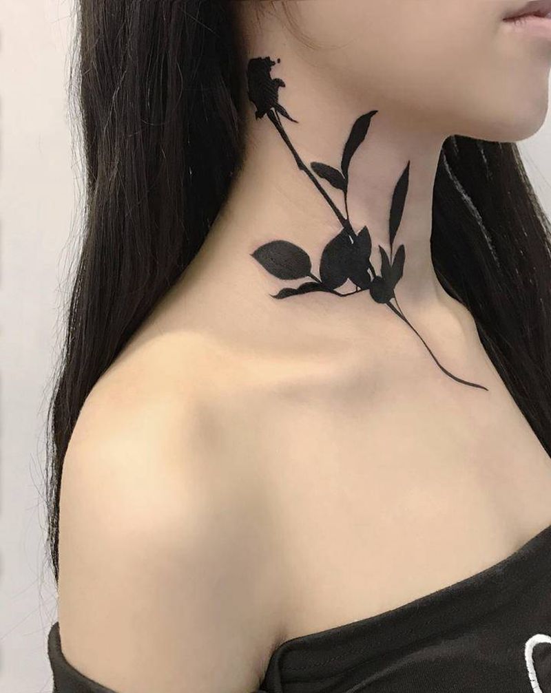 玫瑰花纹身图片_颈部图腾脖子玫瑰花纹身图案