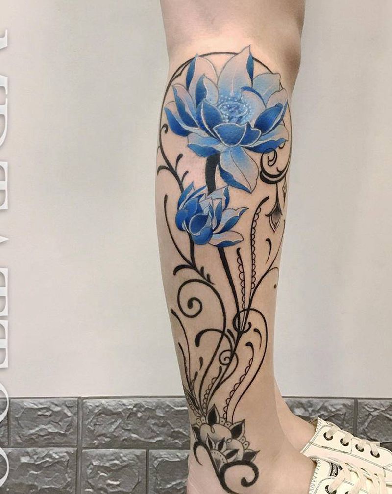 莲花纹身图片_腿部脚部水彩New School莲花荷花纹身图案